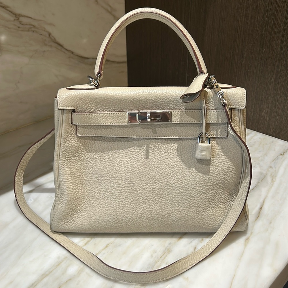 Hermes Kelly 28 Handbag Cream Togo with Palladium Hardware